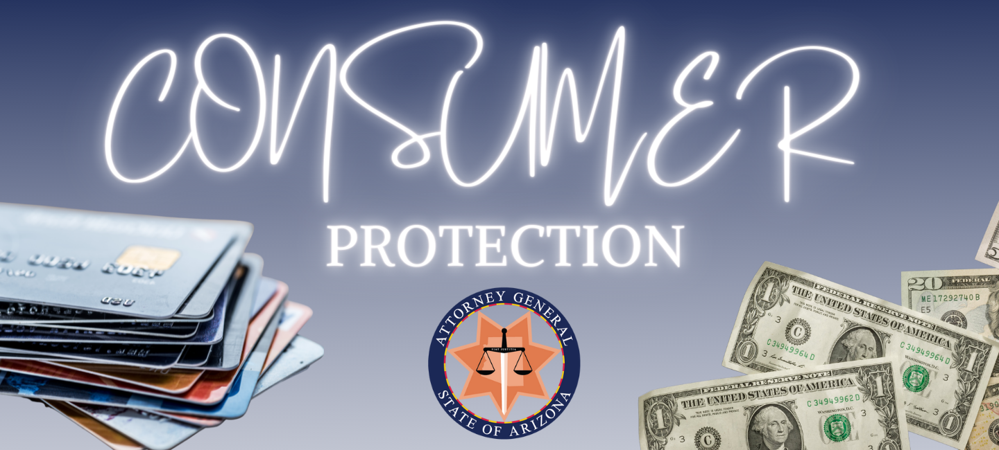 Consumer Protection banner with a stack of credit cards on the left and cash piled on the right.