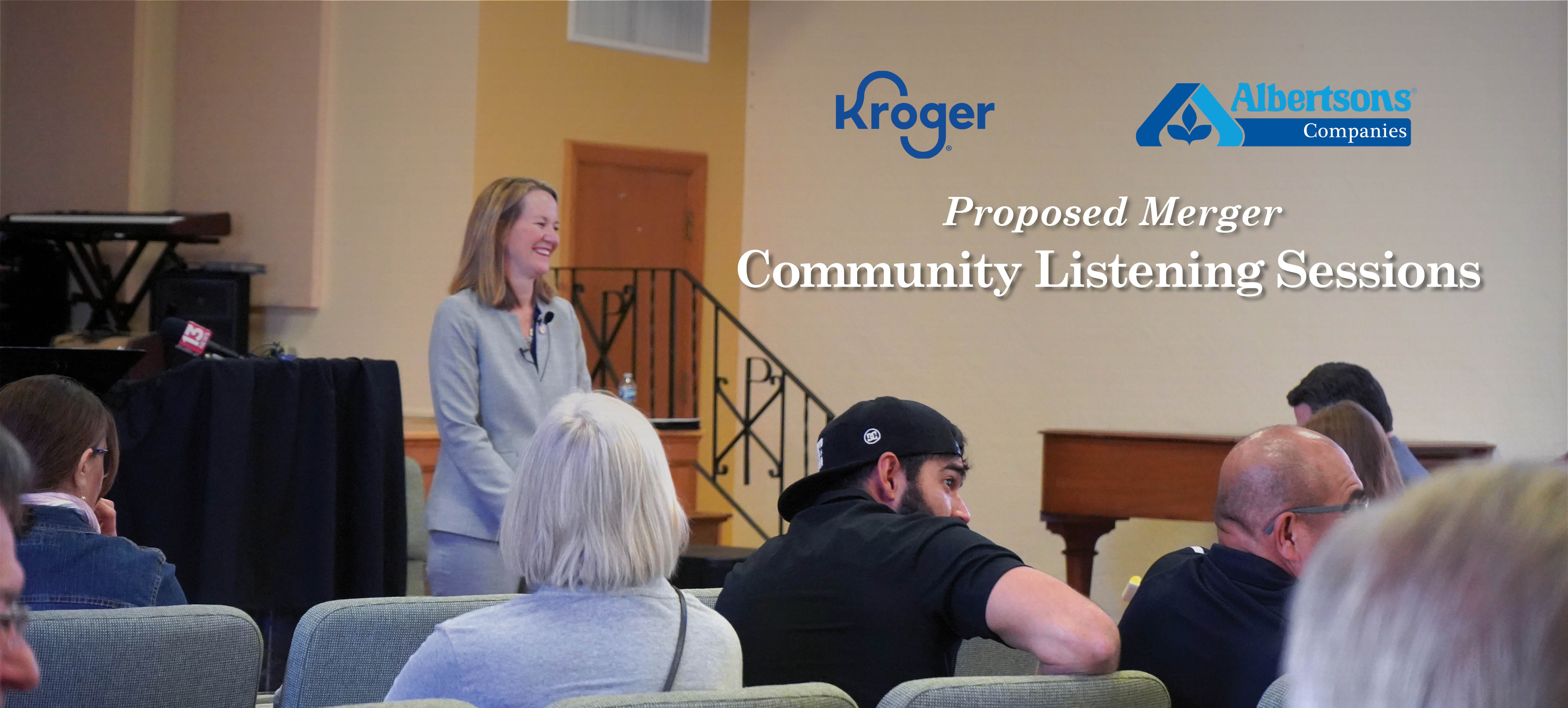 Image of AG Mayes in front of audience, Kroger logo, Albertson's logo, text that reads Proposed Merger Community Listening Sessions