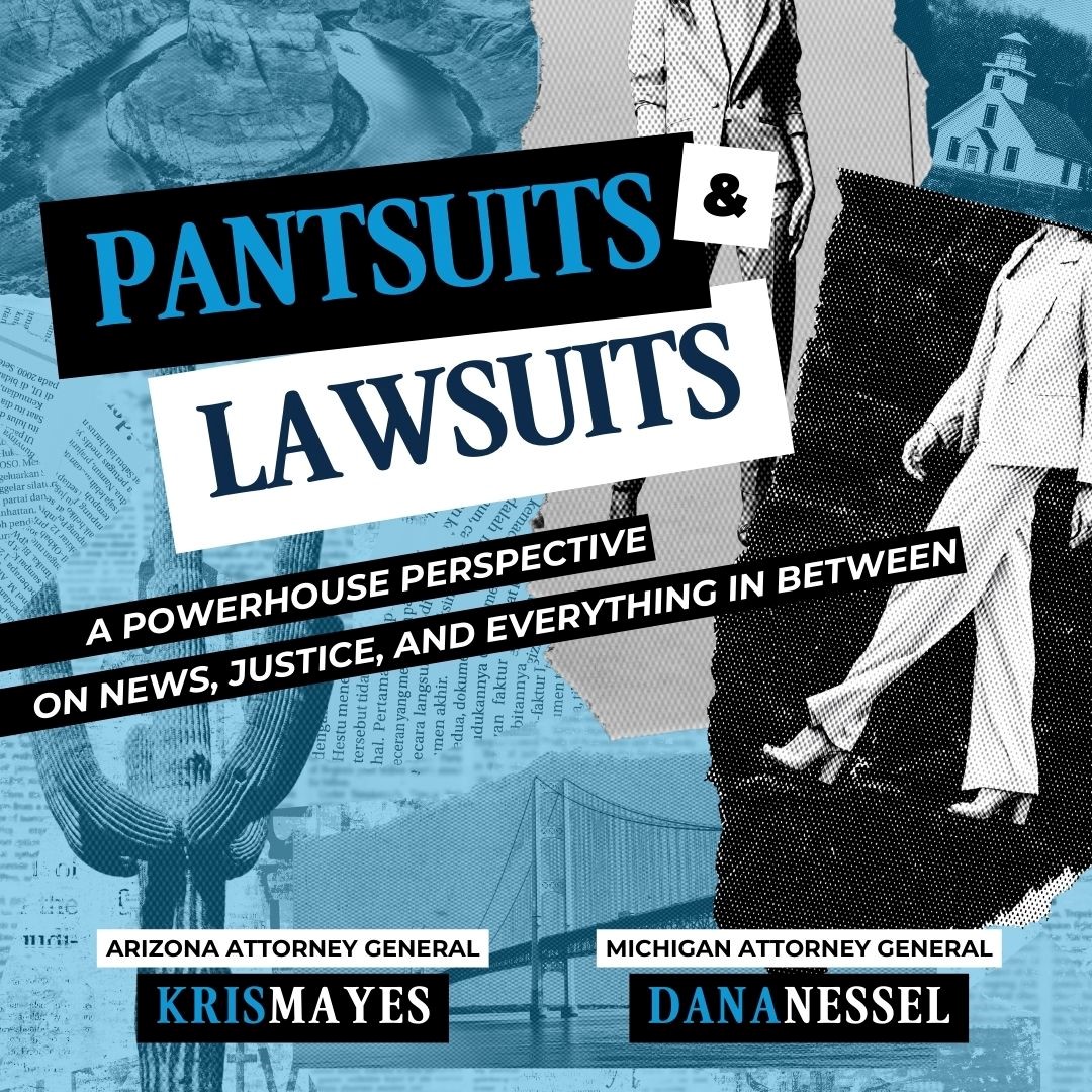 Pantsuits and Lawsuits Podcast Title Card