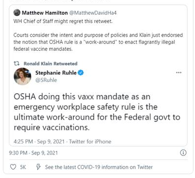 Screenshot of a tweet from two users discussing vaccine mandate.
