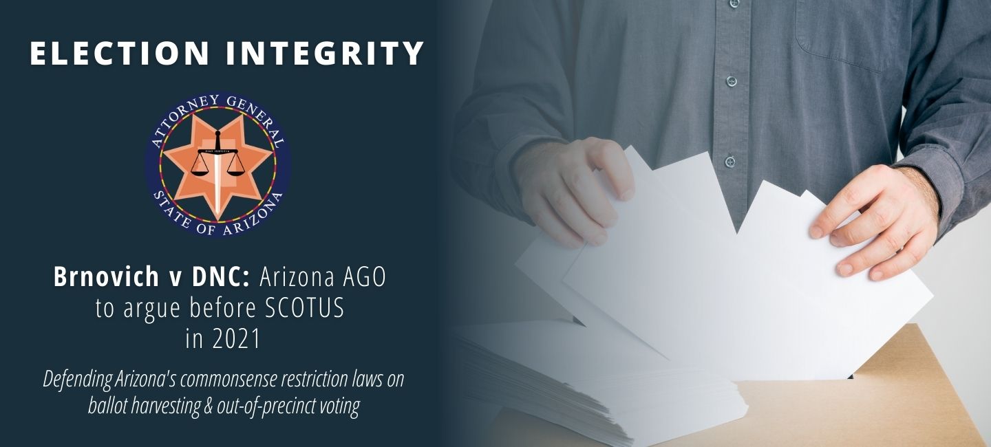 Election Integrity Banner with a white man casting a paper ballot in a brown box. Words "Brnovich V. DNC" on the left side.