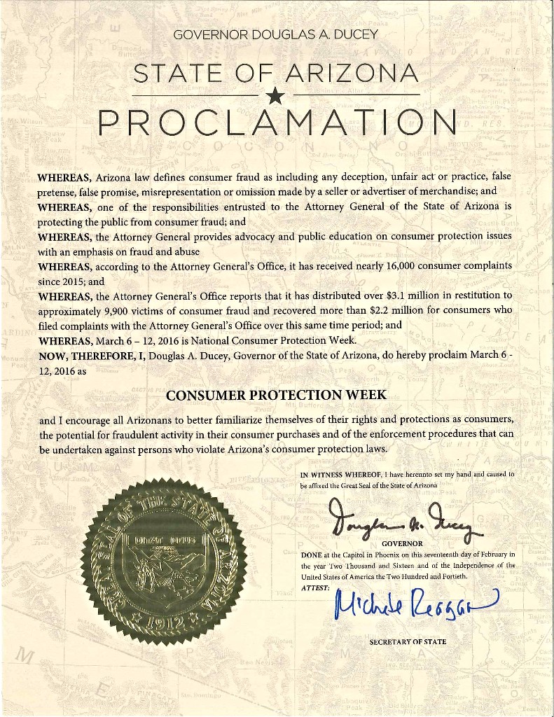 Ducey Proclamation regarding consumer protection week