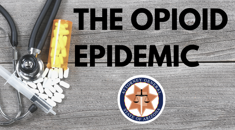 Pill bottle and syringe with the text "The Opioid Epidemic" in bold letters.