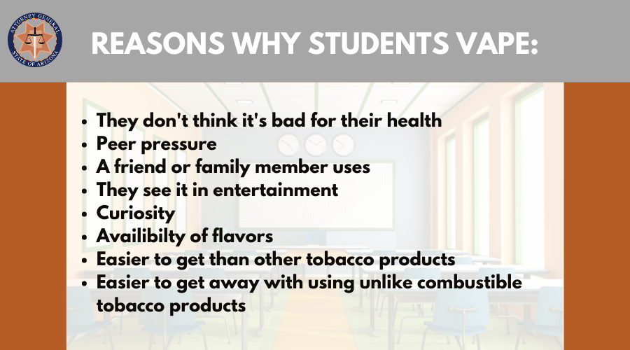 List of reasons why kids vape; Peer pressure, curiosity, ease of access, etc