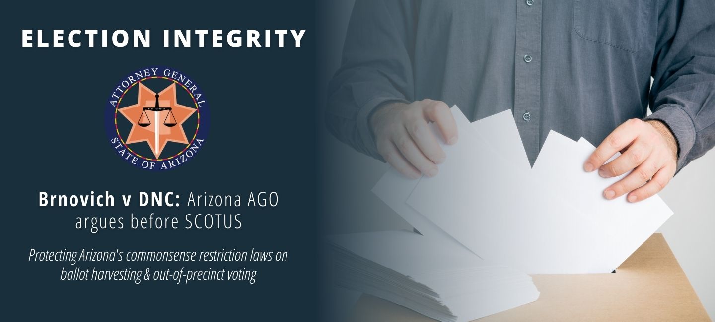 Election Integrity Banner with a white man casting a paper ballot in a brown box. Words "Brnovich V. DNC" on the left side.