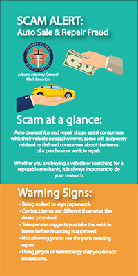 Two toned Auto Sale and Repair Fraud flyer.
